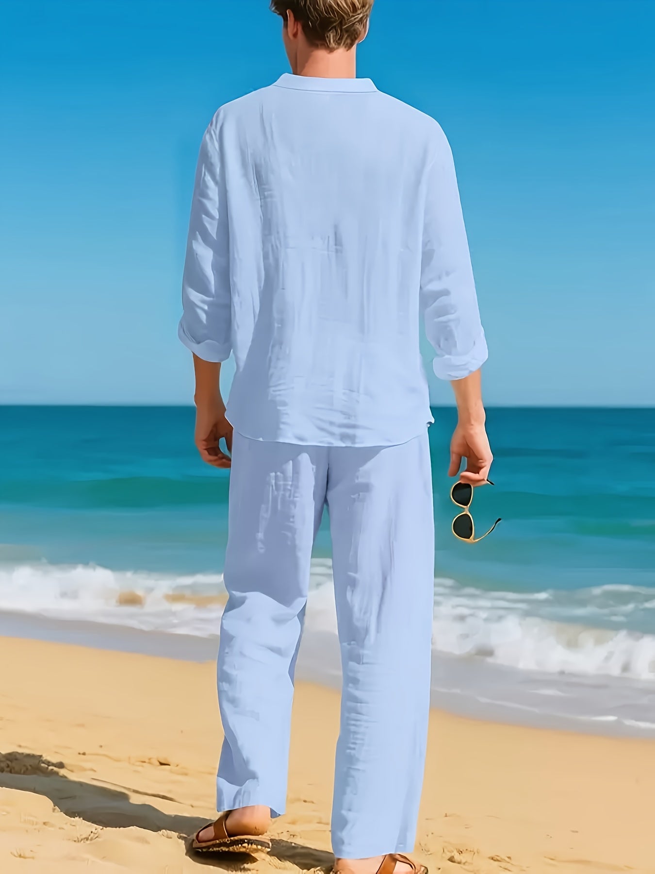 Men's Linen Shirt & Pants Set, V-Neck Long-Sleeve