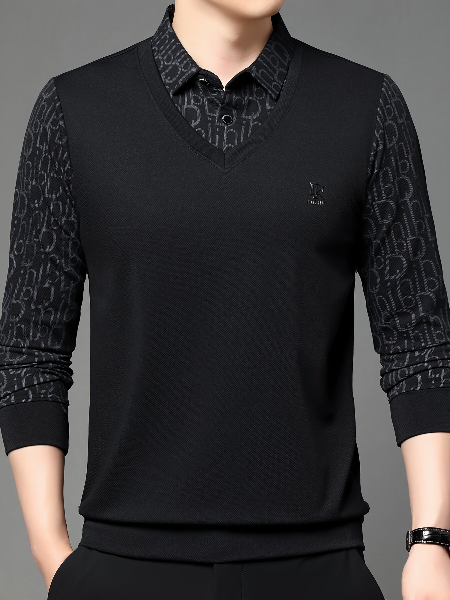Men's Long-Sleeve Polo Shirt, Layered-Look Lapel