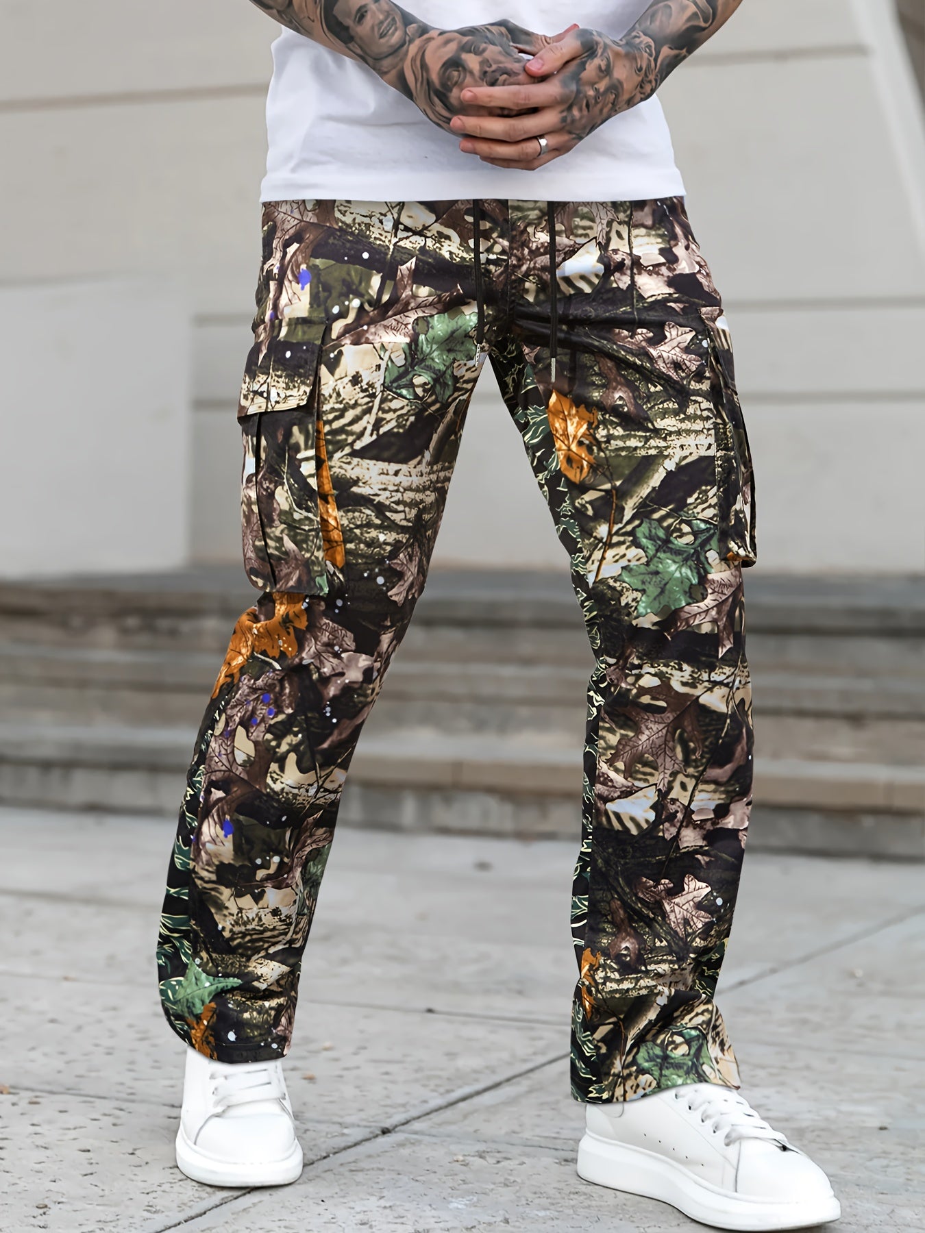 Men's Flare-Leg Cargo Pants, Printed, Elastic Waist