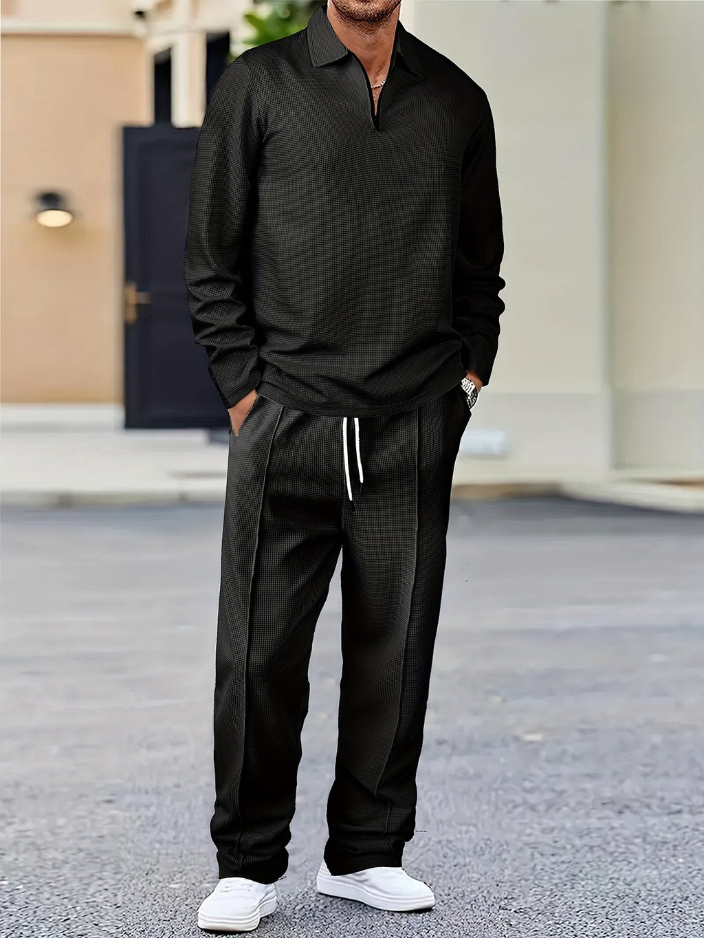 Men's Waffle-Knit Shirt & Pants Set, Long-Sleeve