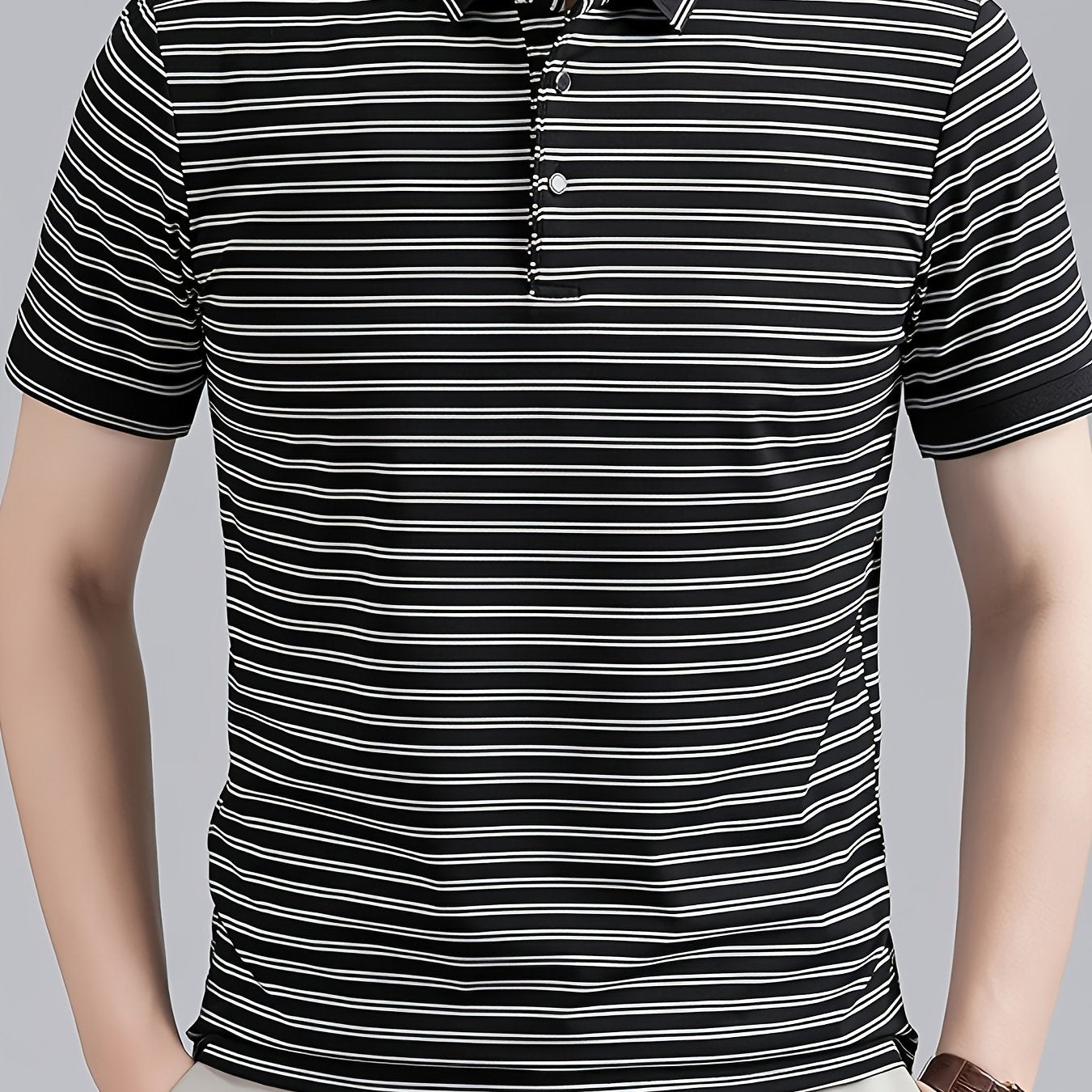 Men's Striped Lapel Polo Shirt, Contrast Short-Sleeve