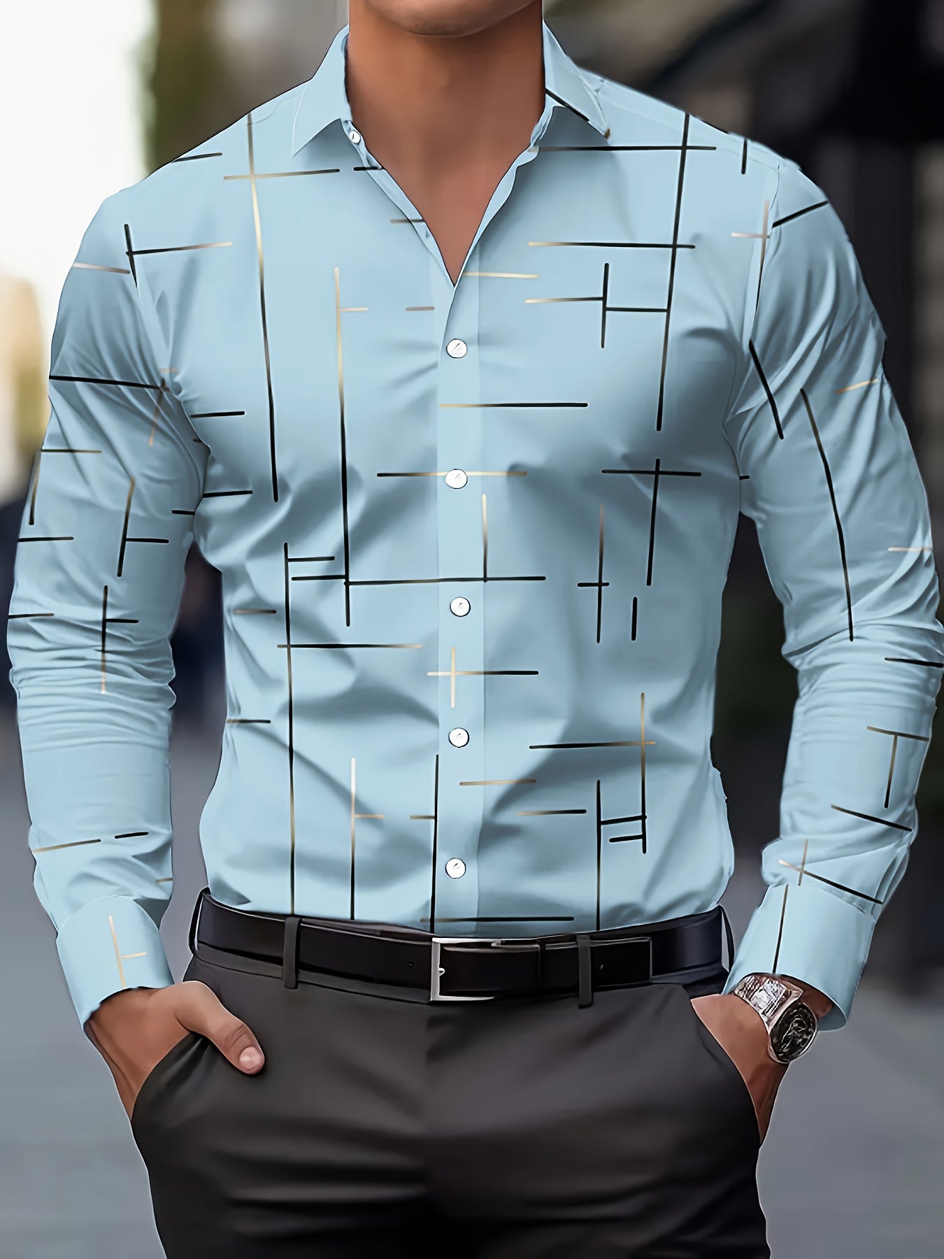 Men's Long-Sleeve Shirt, Geometric Print, Button-Up