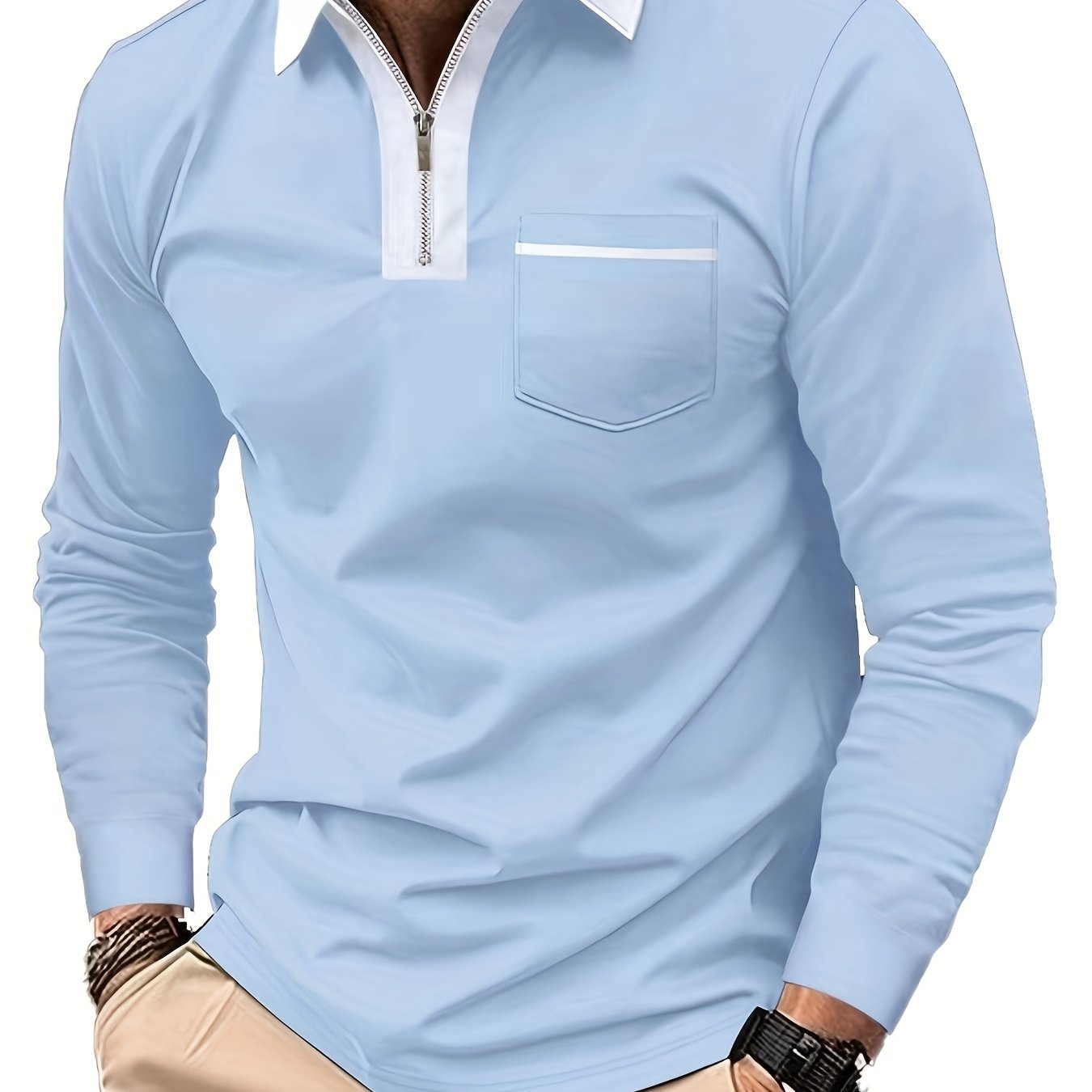 Men's Long-Sleeve Polo Shirt, Lapel Collar, Chest Pocket