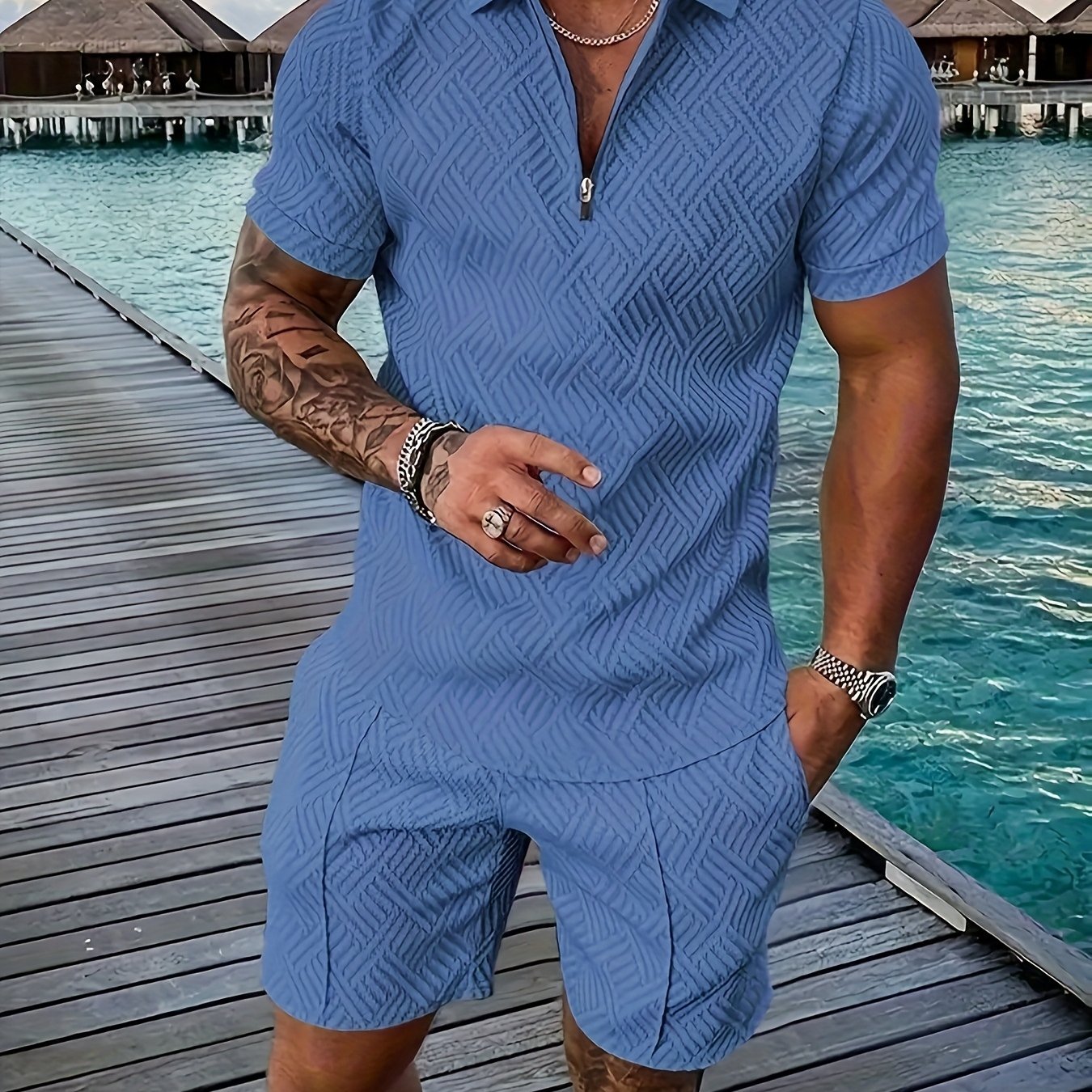 Men's Printed Shirt & Pants Set, Lapel Casual