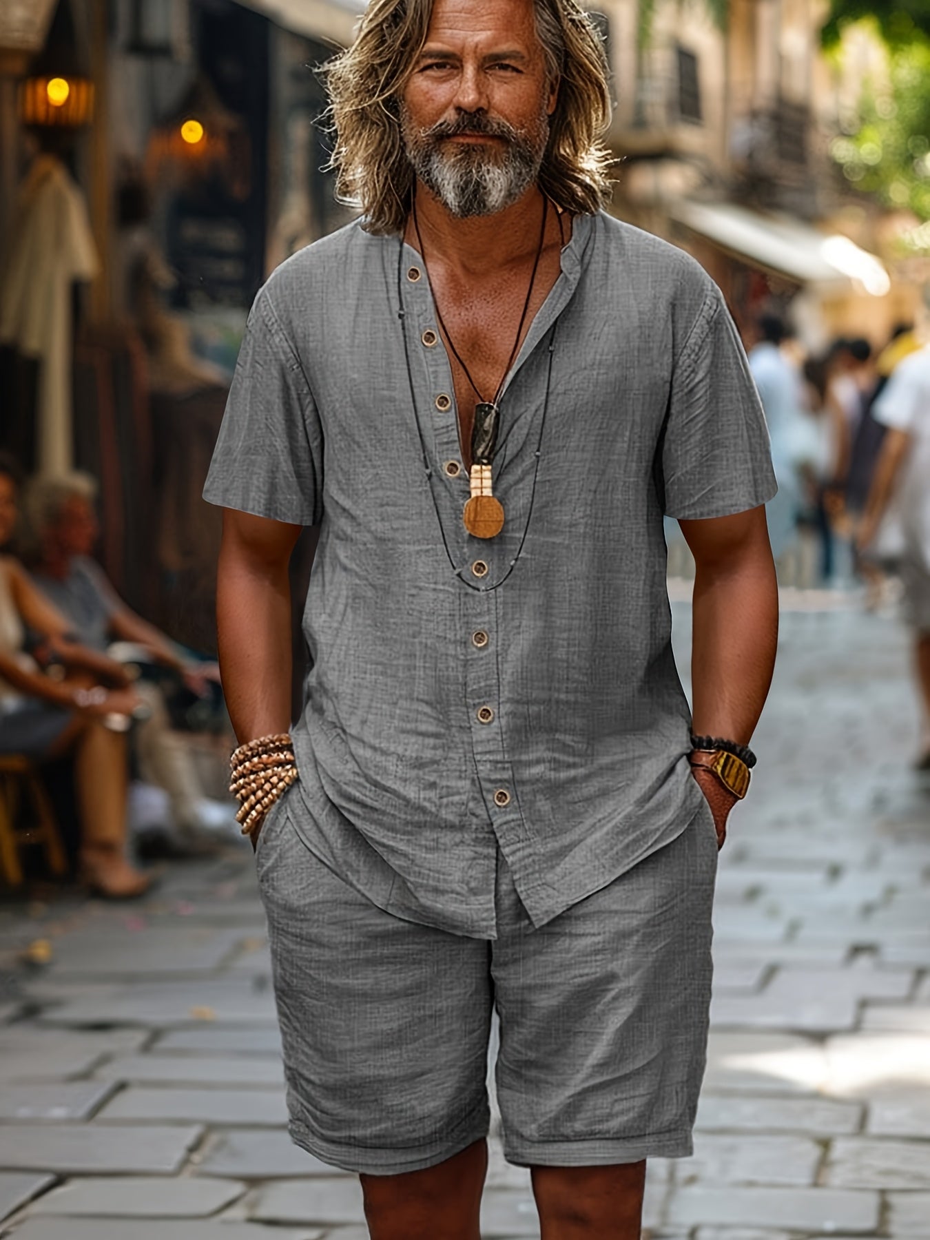 Men's Cardigan Shirt & Shorts Set, Short-Sleeve