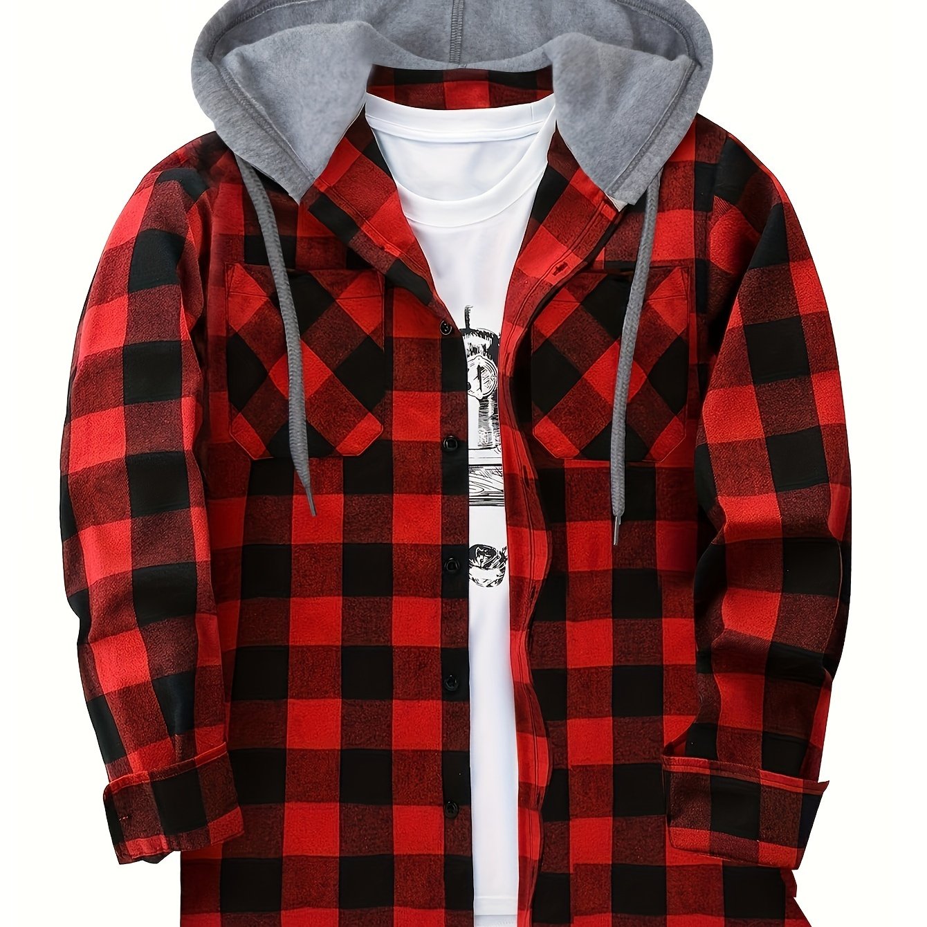 Men's Hooded Plaid Shirt, Long-Sleeve