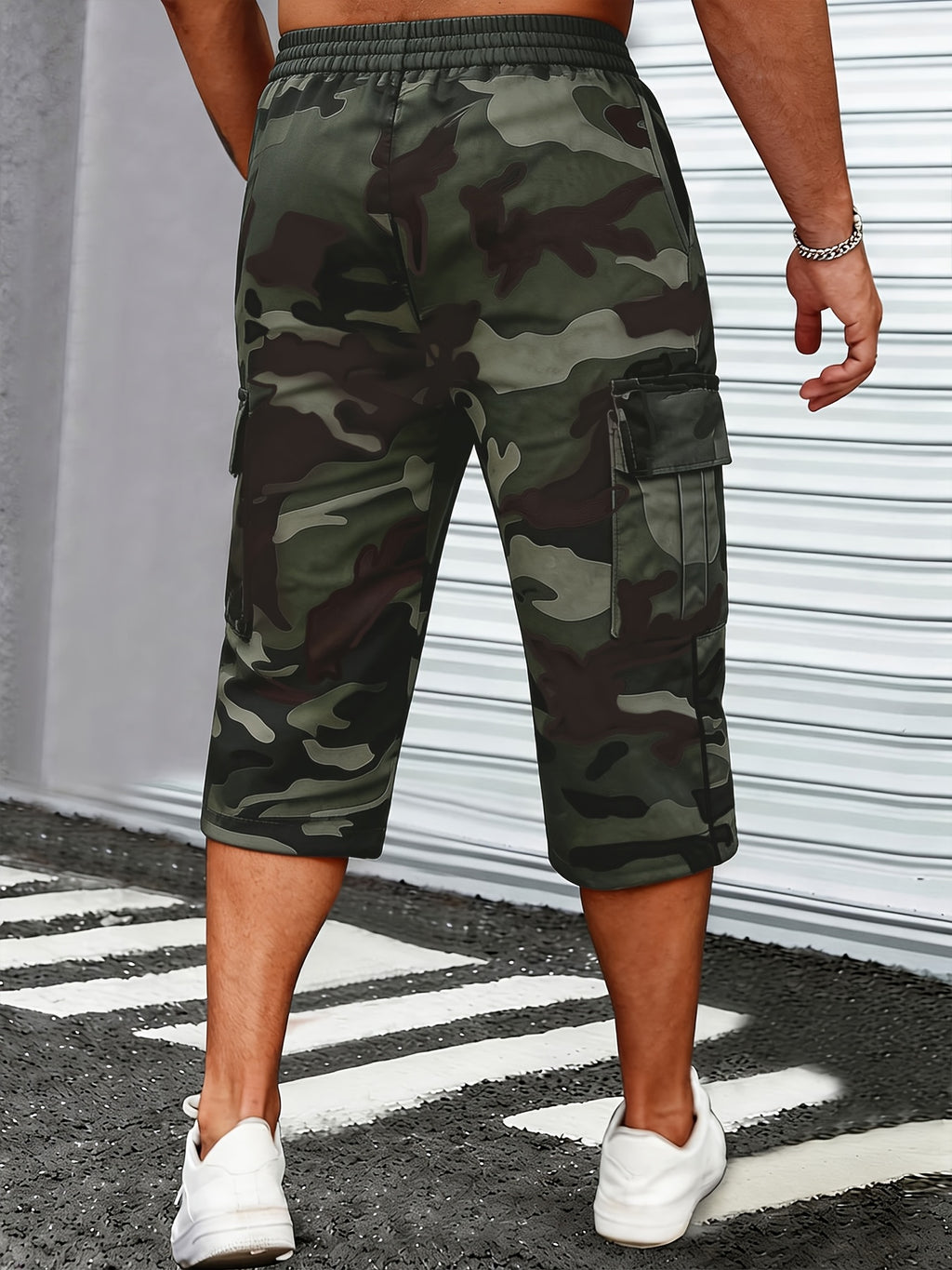 Men's Camo Cargo Capri Shorts, Multi-Pocket, Adjustable Waist