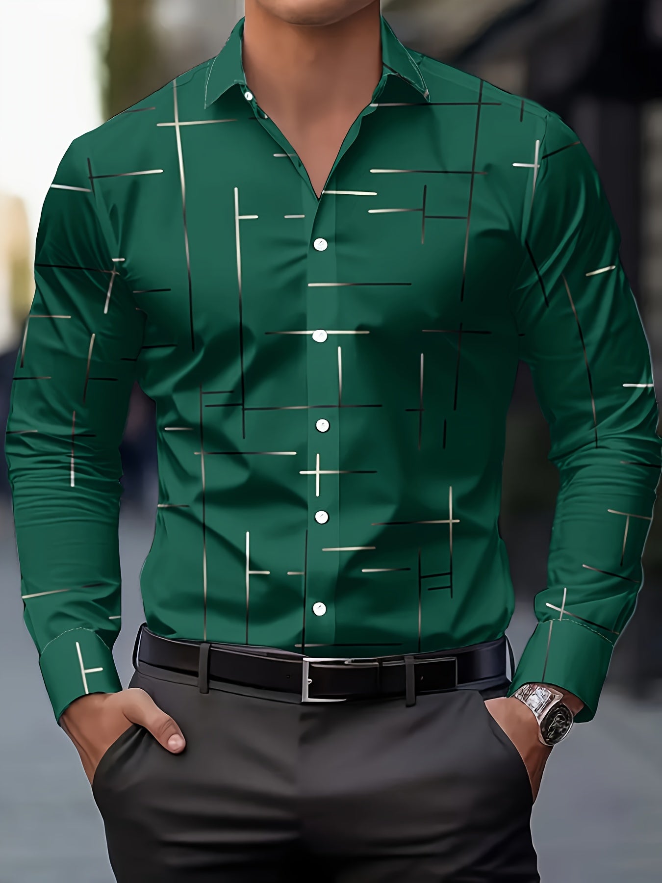 Men's Long-Sleeve Shirt, Geometric Print, Button-Up