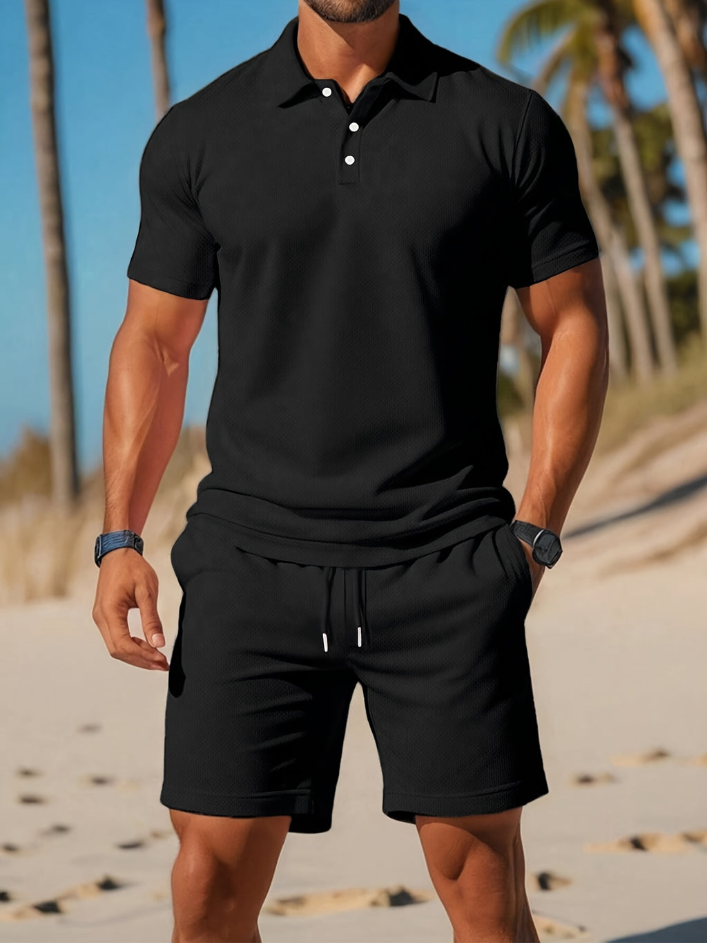 Men's Shirt & Shorts Set, Solid Business Casual