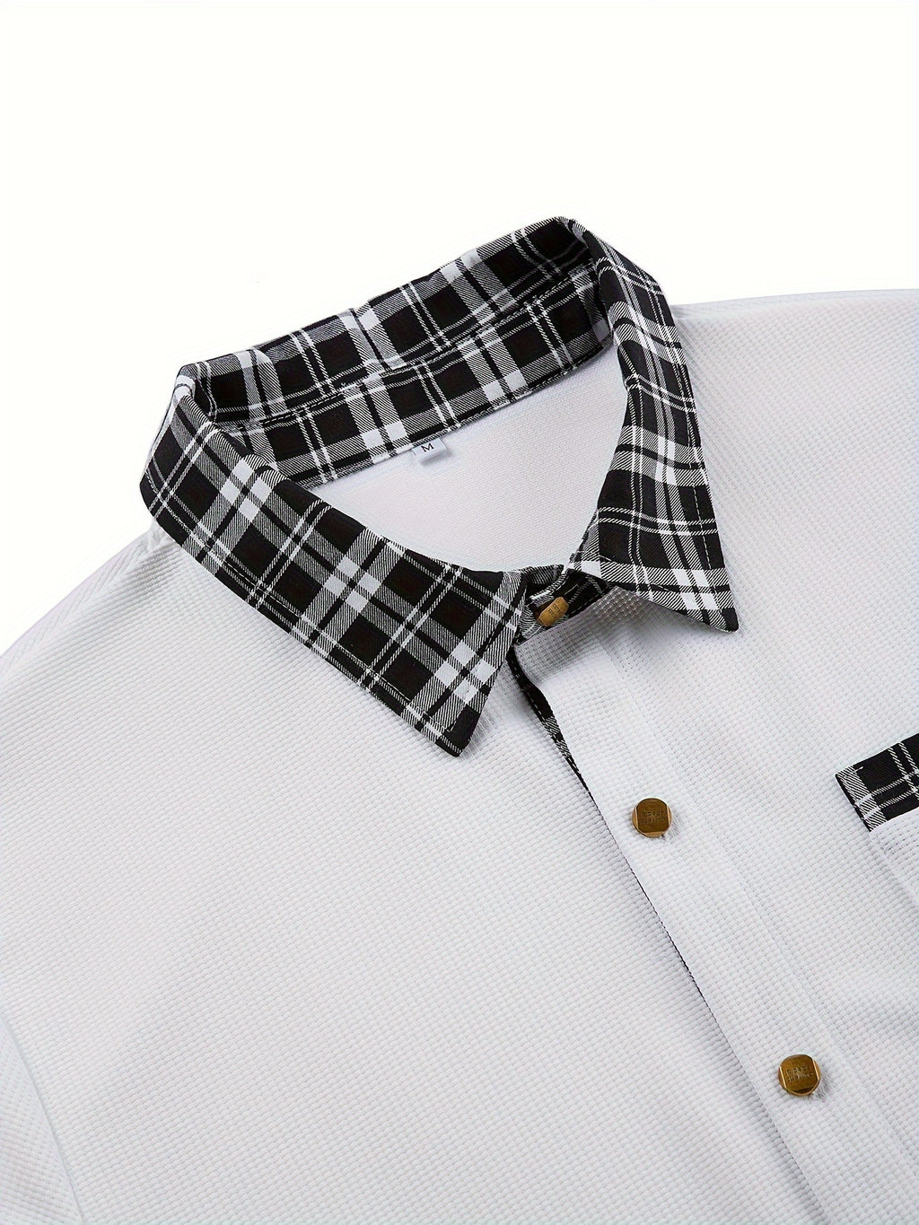 Men's Waffle-Knit Plaid Shirt, Patchwork, Long-Sleeve