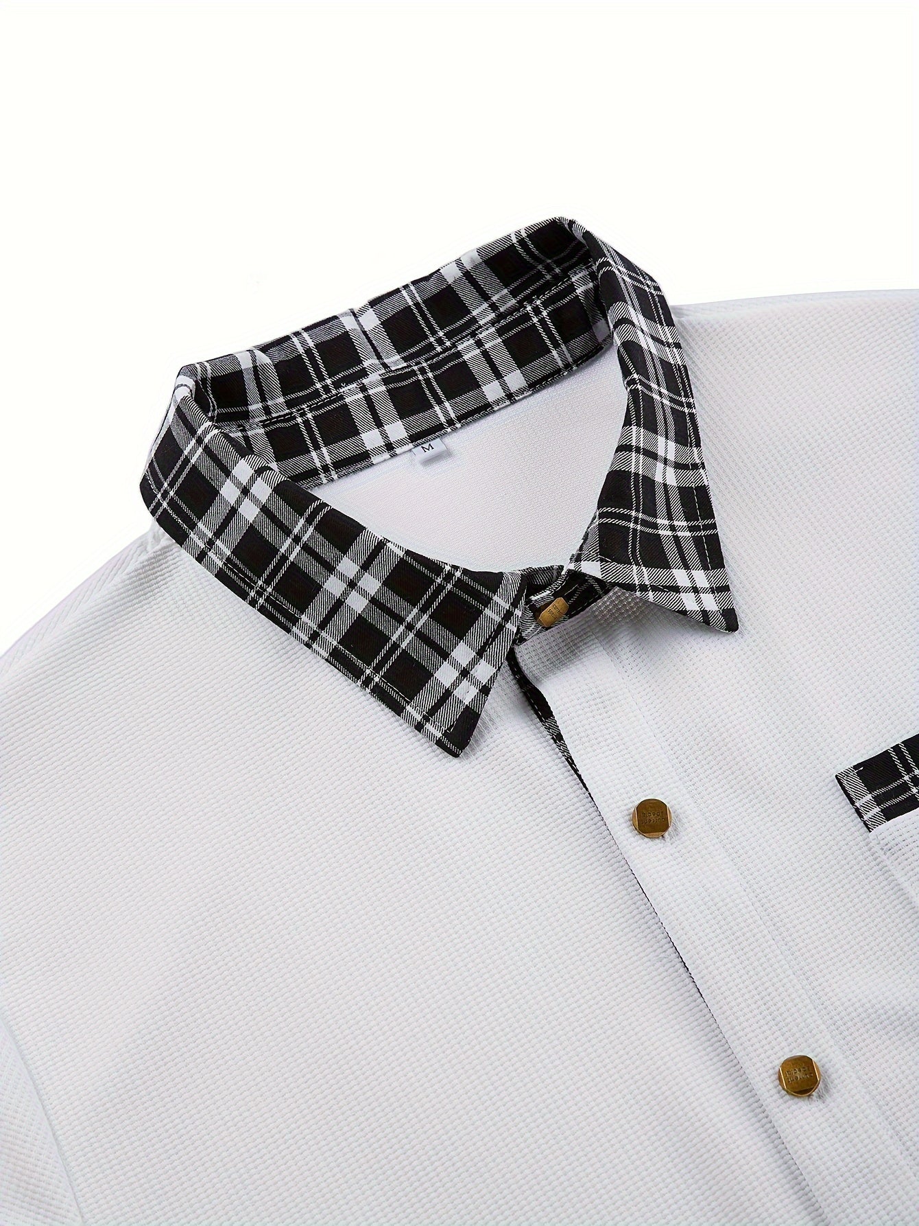 Men's Waffle-Knit Plaid Shirt, Patchwork, Long-Sleeve