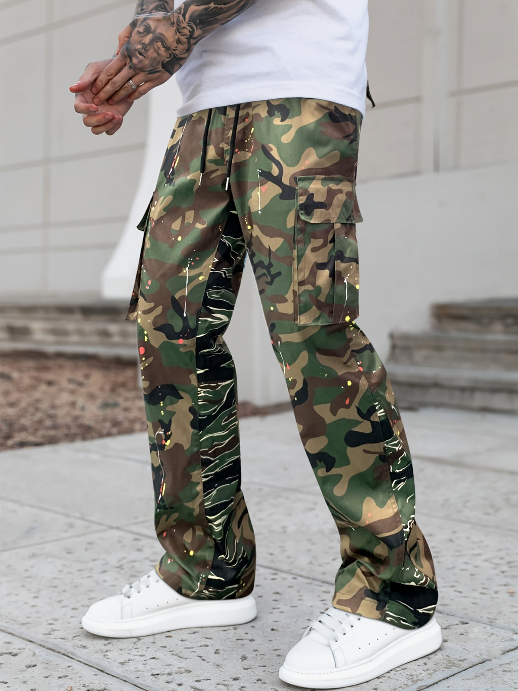 Men's Flare-Leg Cargo Pants, Printed, Elastic Waist