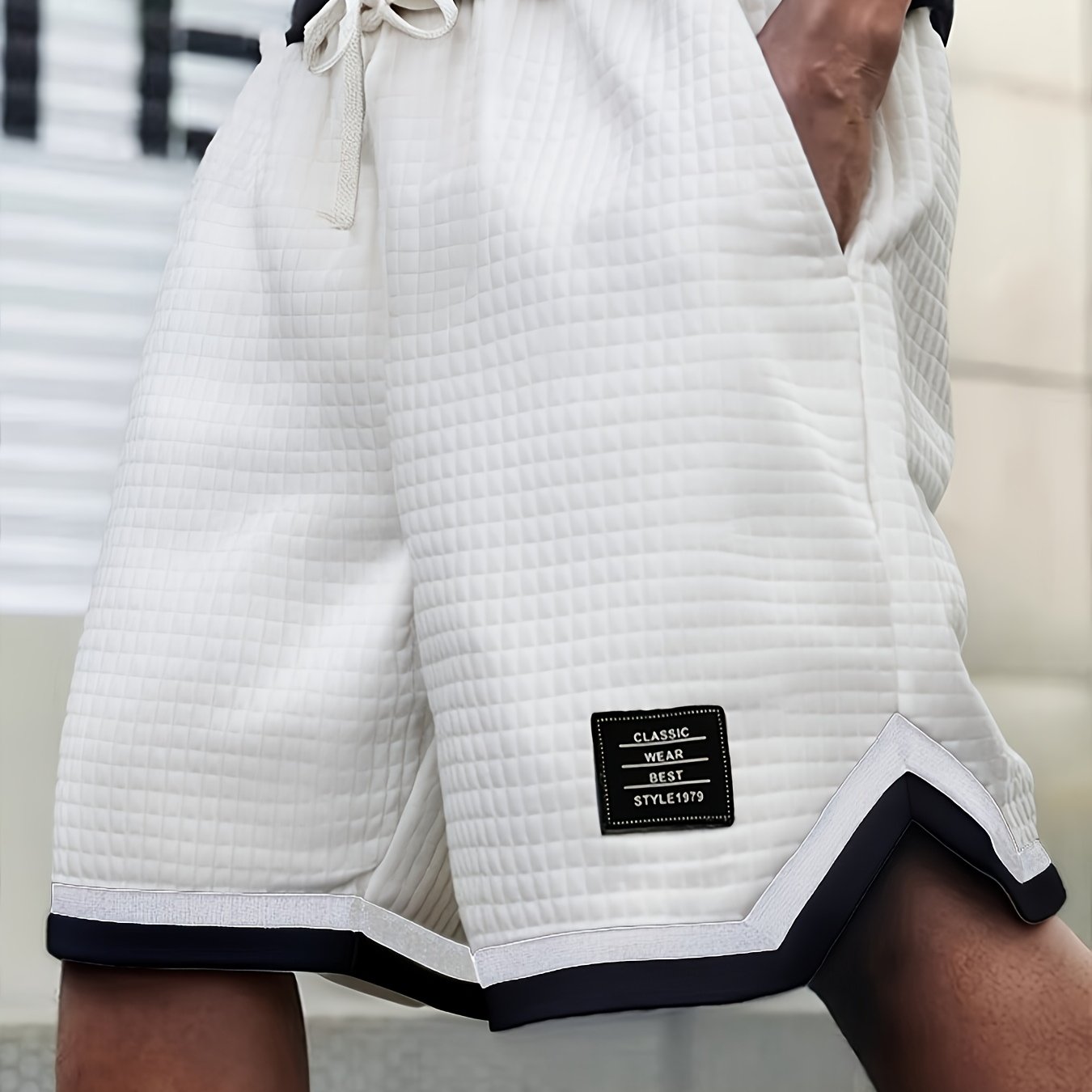 Men's Waffle Knit Shorts, Striped, Drawstring with Pockets