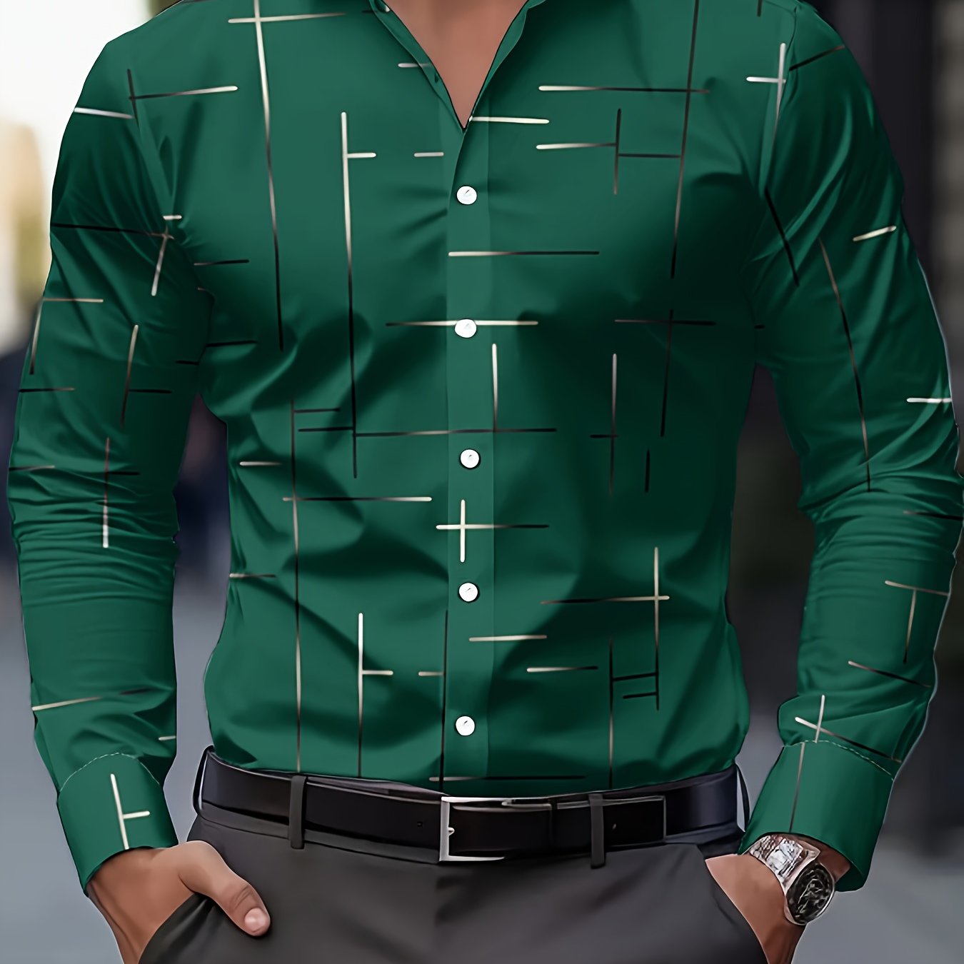 Men's Long-Sleeve Shirt, Geometric Print, Button-Up