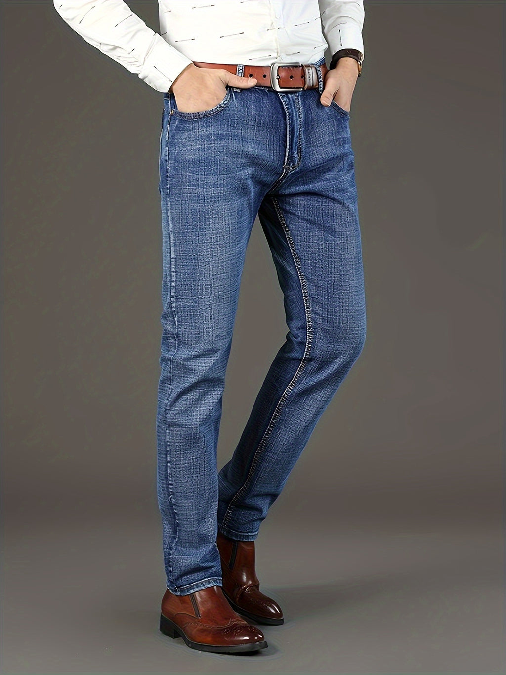Men's Stretch Denim Trousers, Straight-Leg, Business Casual