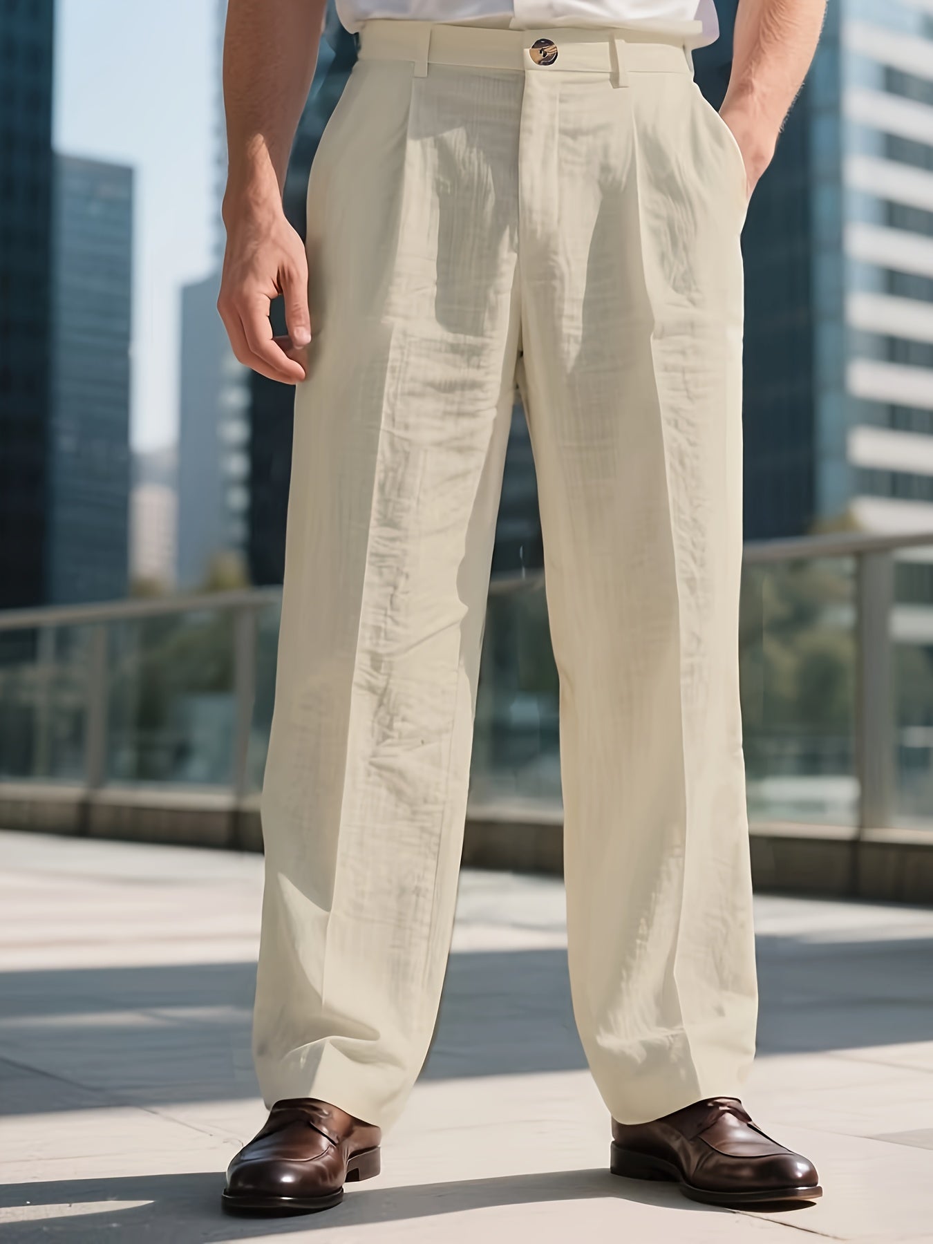 Men's Linen-Blend Trousers, Khaki, Straight-Leg Business Casual