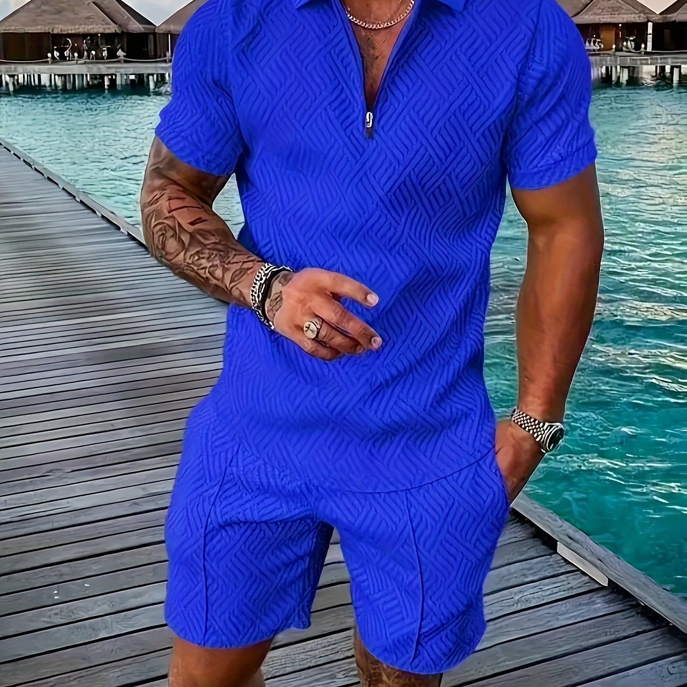 Men's Printed Shirt & Pants Set, Lapel Casual