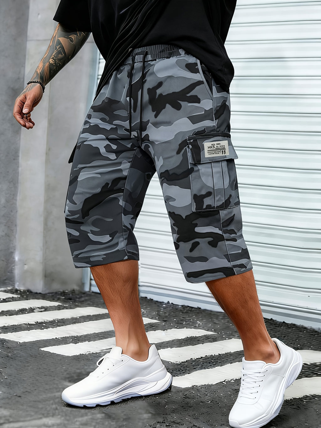 Men's Camo Cargo Capri Shorts, Multi-Pocket, Adjustable Waist