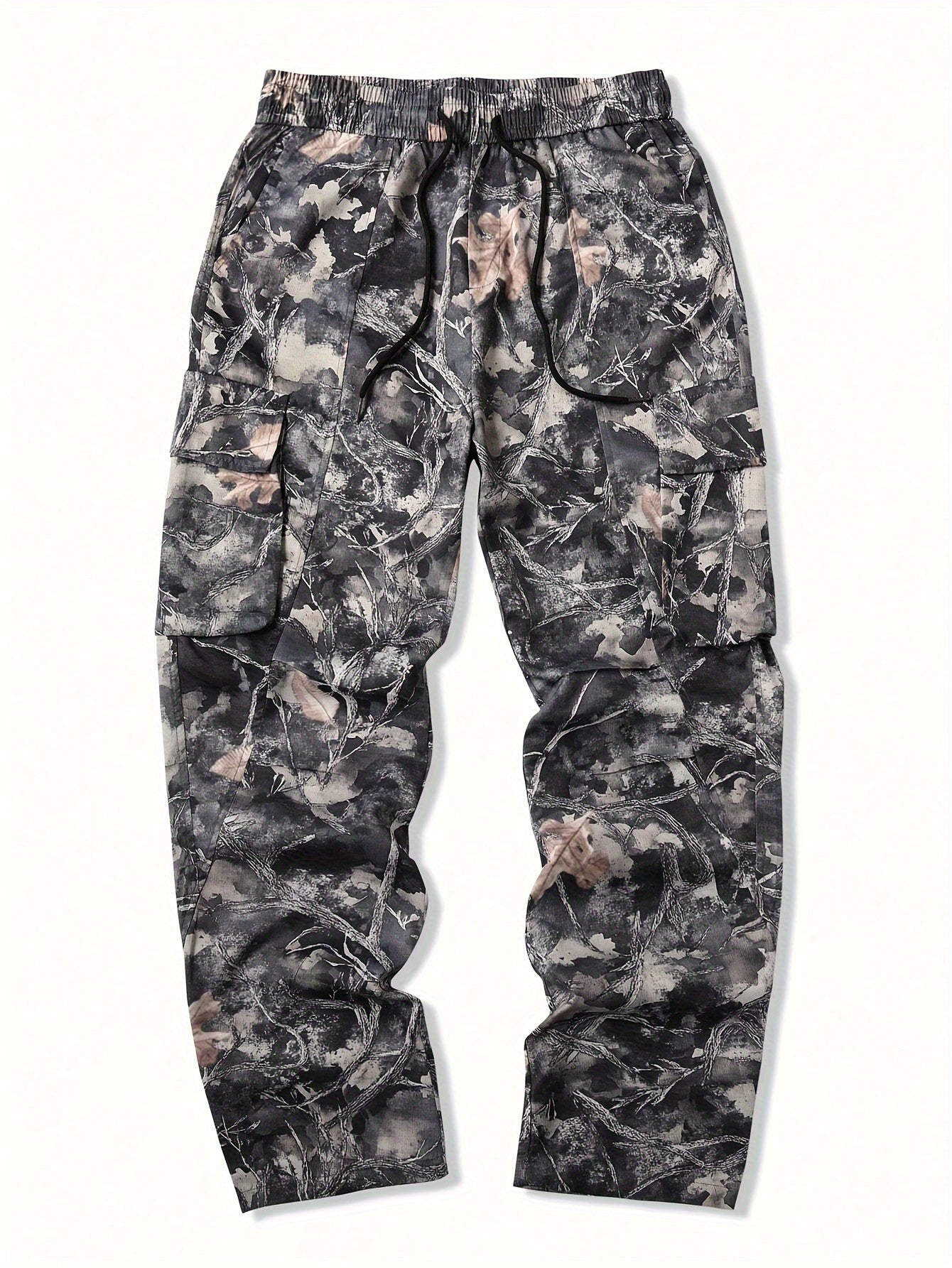 Men's Camo Cargo Pants, Flap Pockets, Drawstring Waist