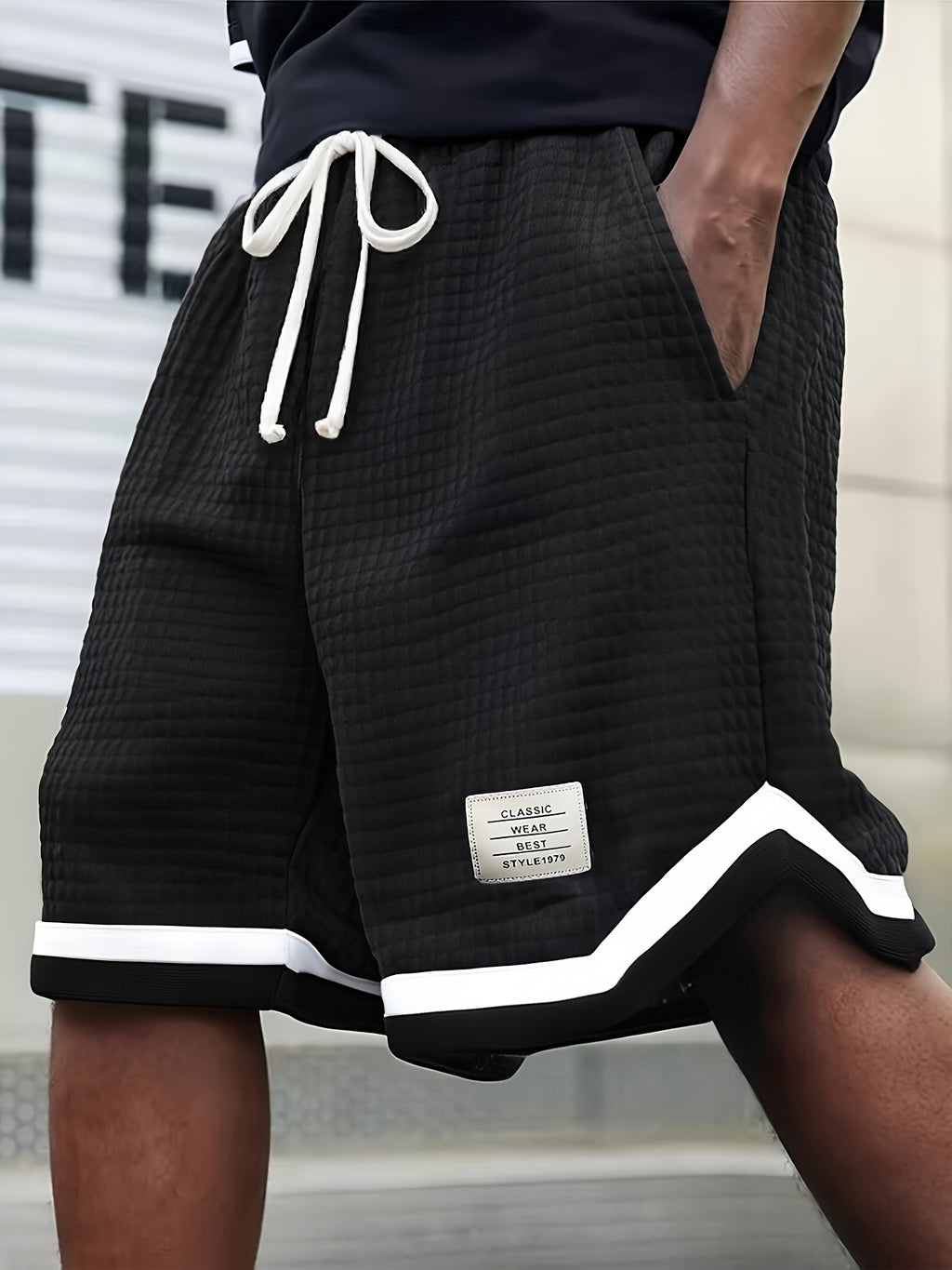 Men's Waffle Knit Shorts, Striped, Drawstring with Pockets