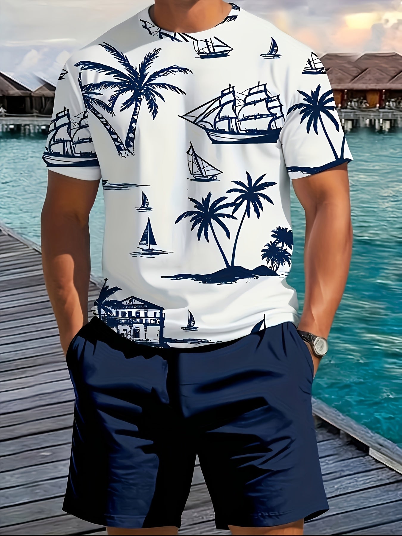 Men's Printed T-Shirt & Shorts Set, Tropical