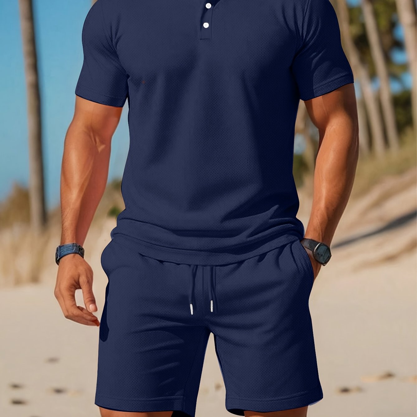 Men's Shirt & Shorts Set, Solid Business Casual