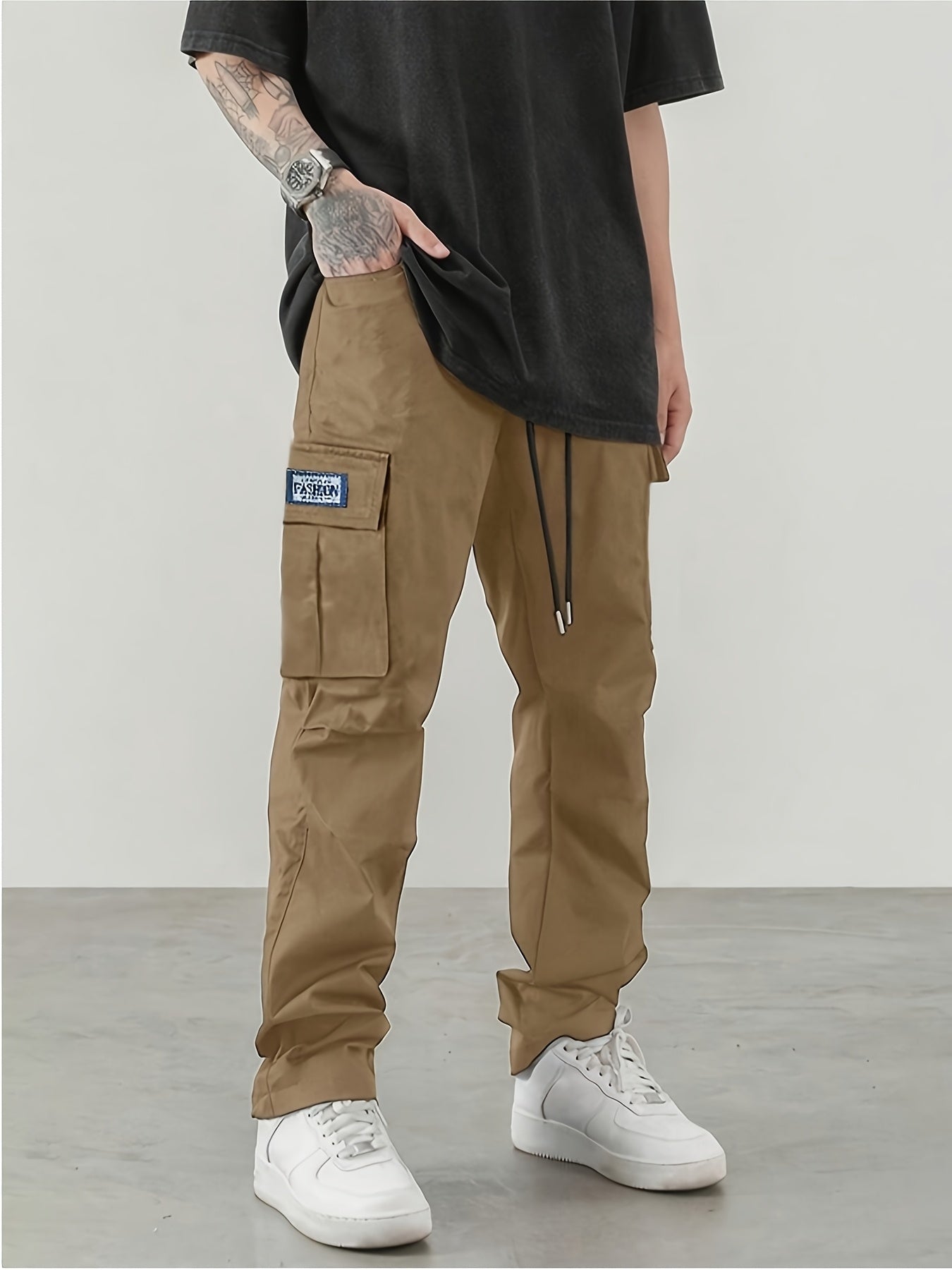 Men's Cargo Trousers, Multi-Pocket, Straight-Leg Drawstring