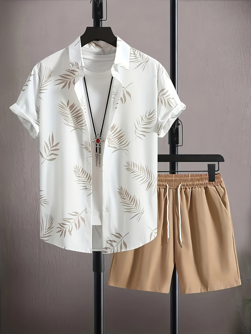 Men's Leaf-Print Shirt & Shorts Set, Short-Sleeve