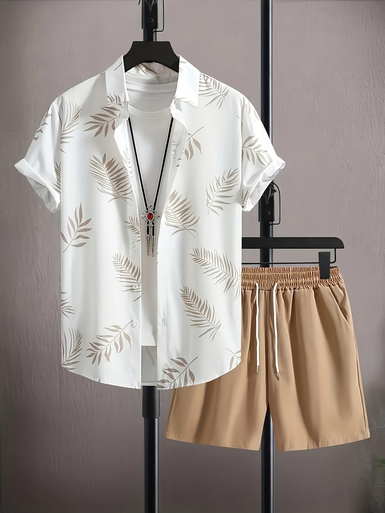 Men's Leaf-Print Shirt & Shorts Set, Short-Sleeve