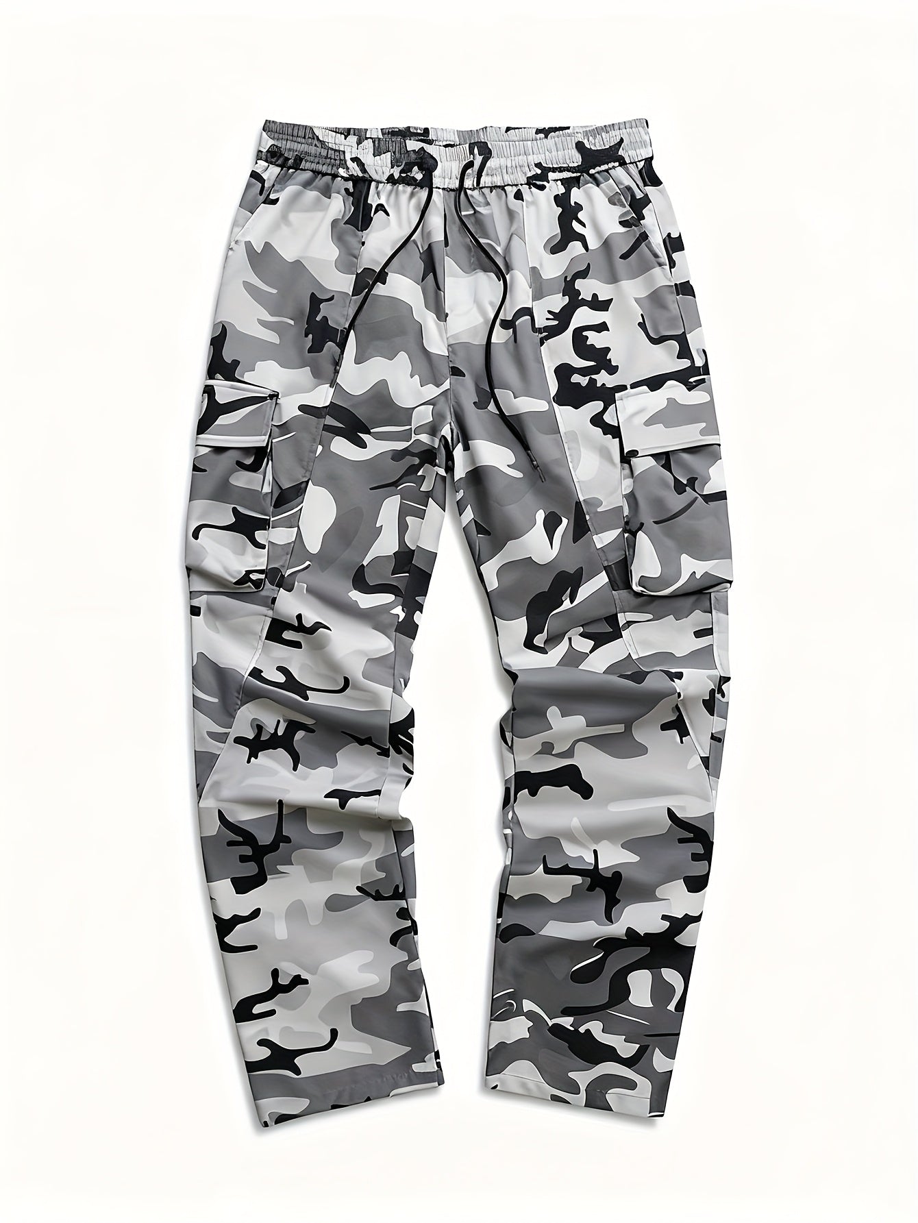 Men's Camo Cargo Pants, Flap Pockets, Drawstring Waist