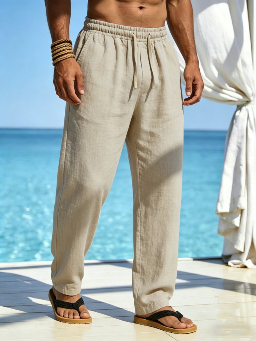 Men's Linen Pants, Drawstring, Relaxed Straight-Leg