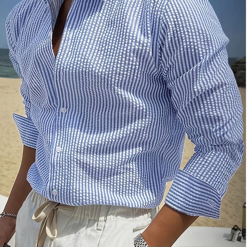 Men's Long-Sleeve Shirt, Textured Gauze, Striped Lapel