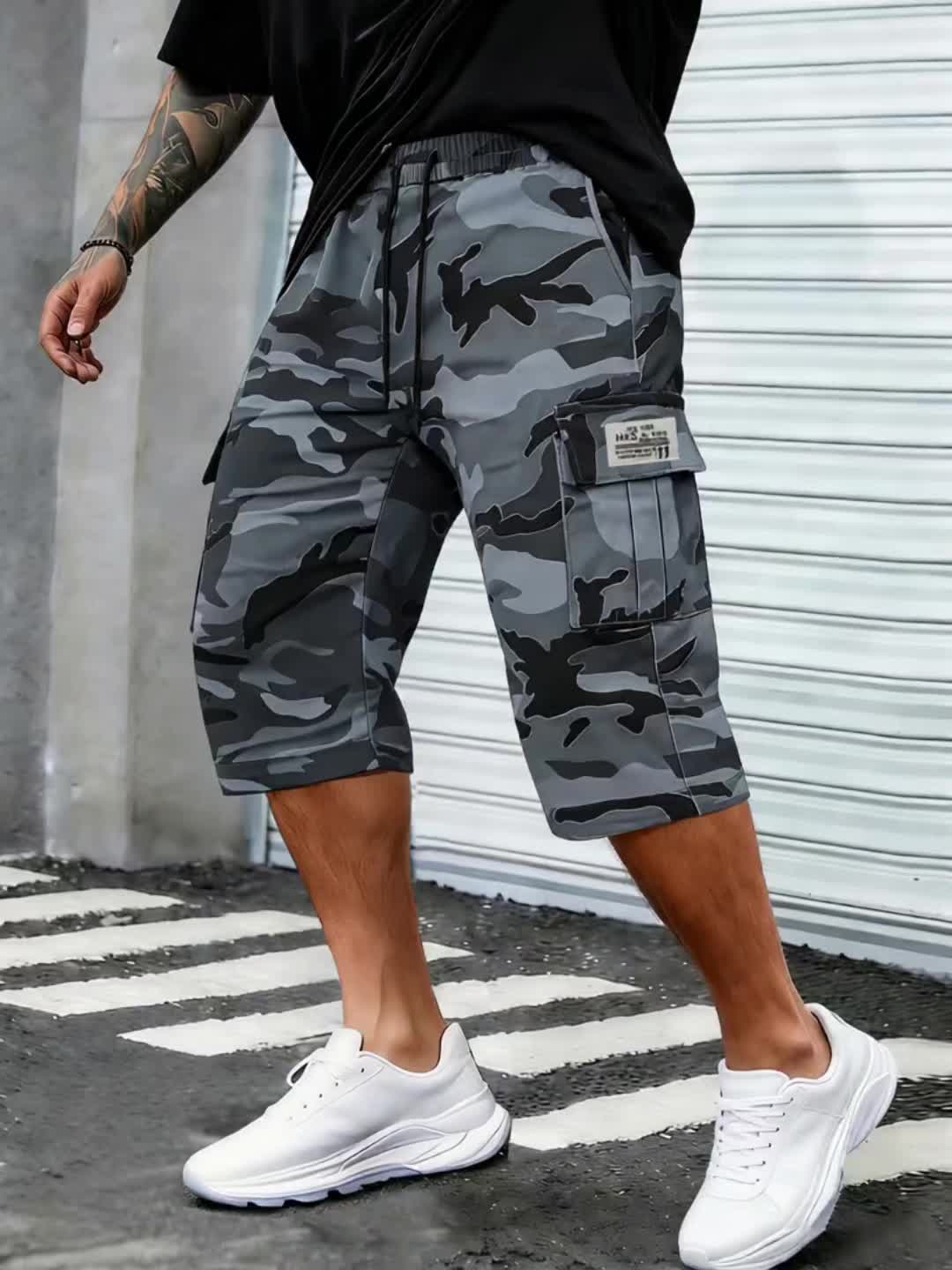 Men's Camo Cargo Capri Shorts, Multi-Pocket, Adjustable Waist