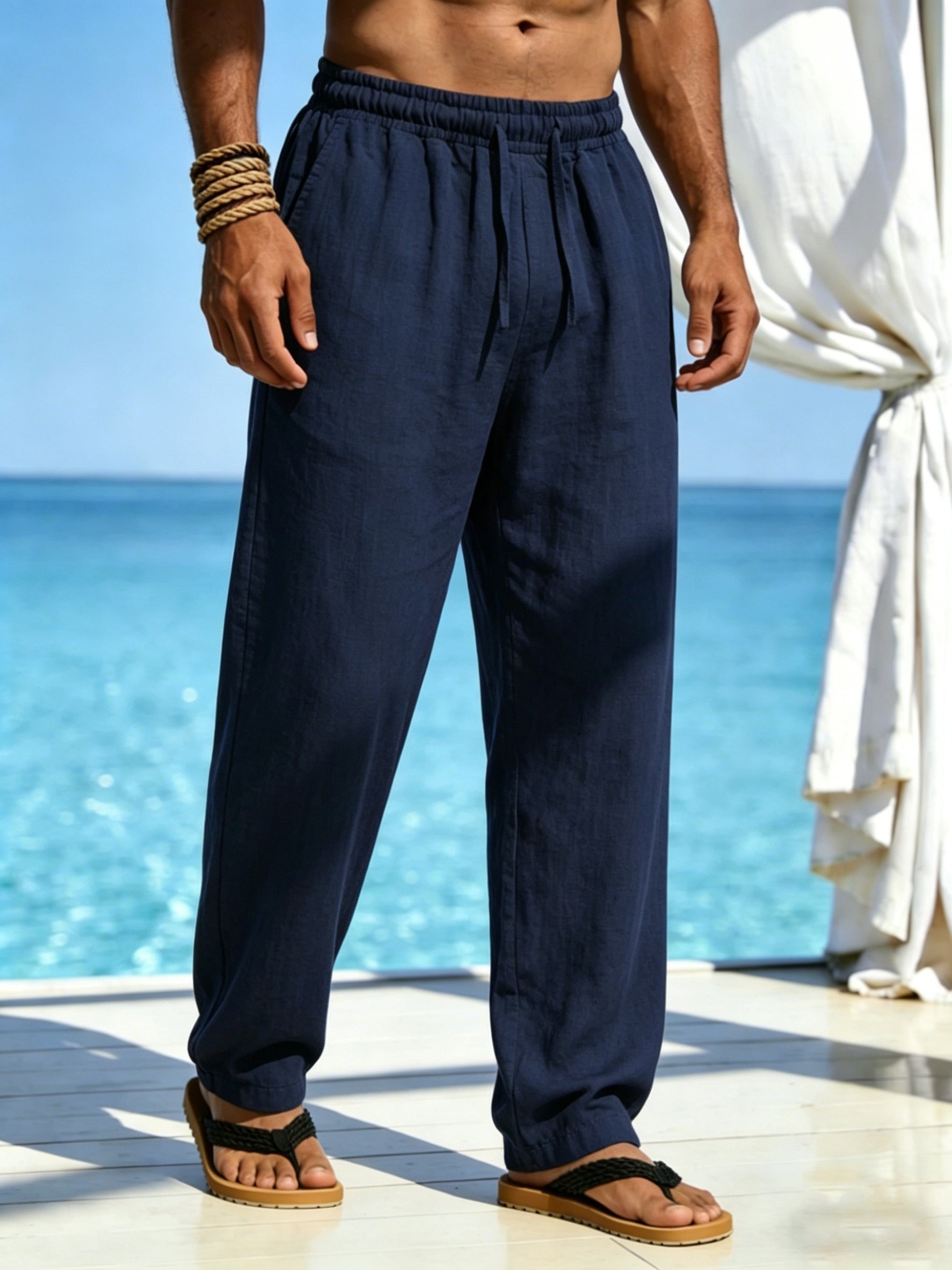 Men's Linen Pants, Drawstring, Relaxed Straight-Leg