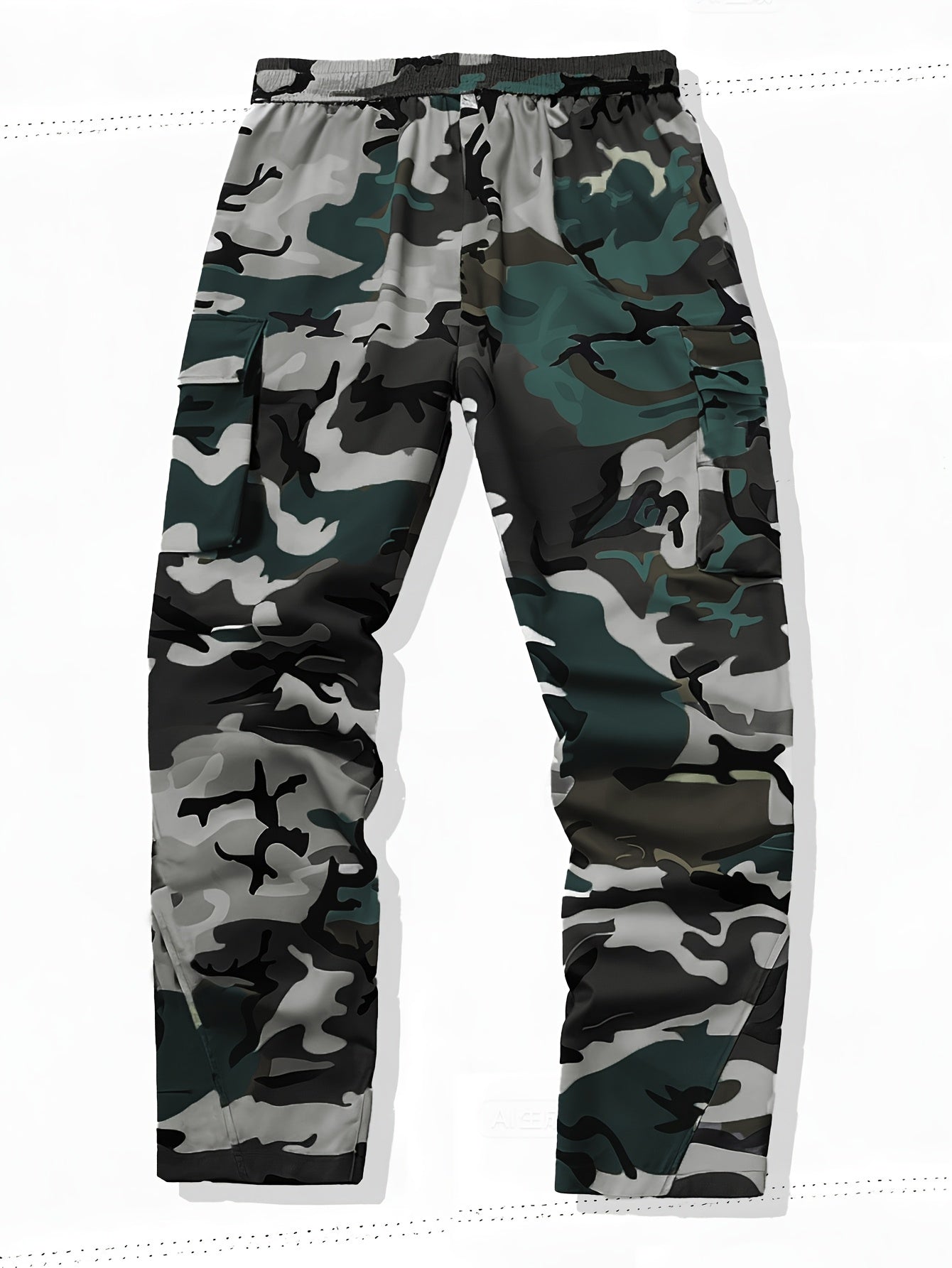 Men's Camo Cargo Pants, Flap Pockets, Drawstring Waist