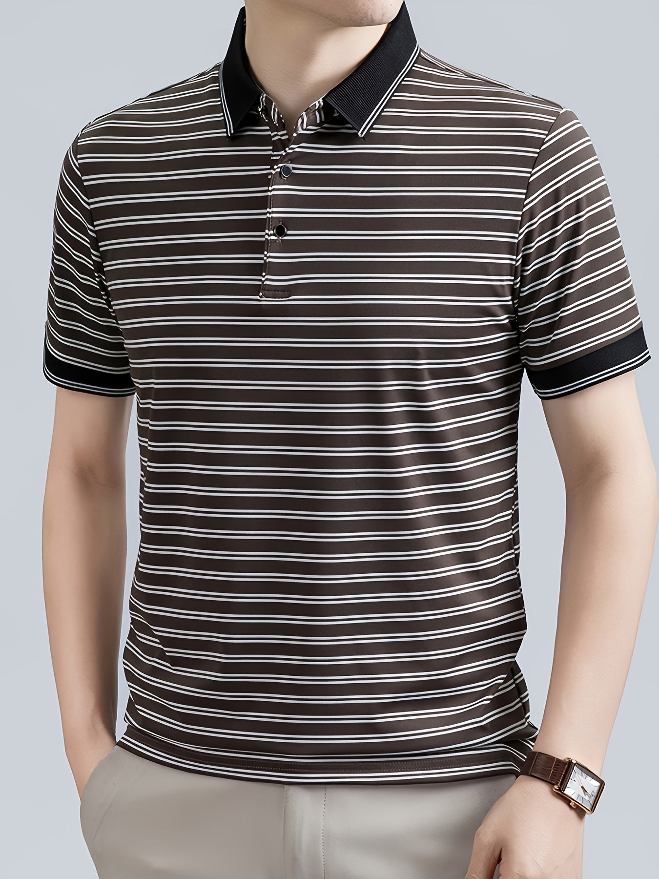 Men's Striped Lapel Polo Shirt, Contrast Short-Sleeve