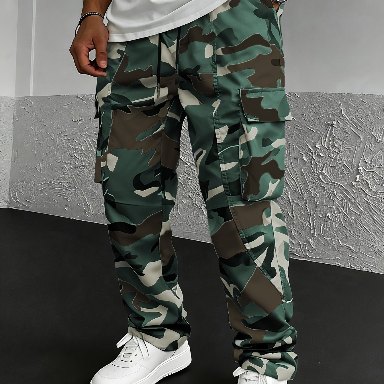 Men's Camo Cargo Pants, Flap Pockets, Drawstring Waist