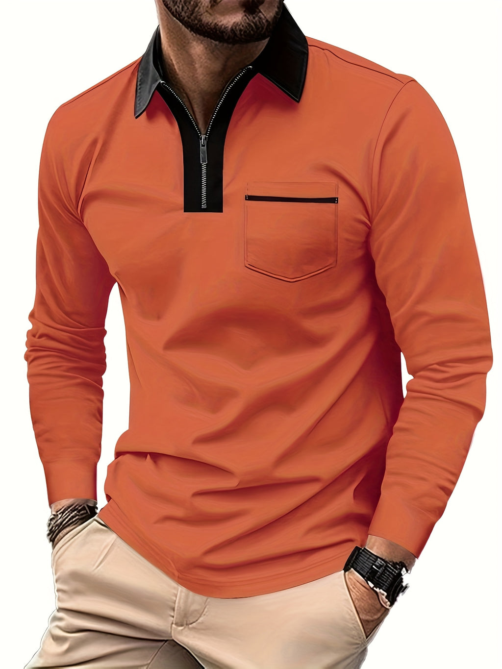 Men's Long-Sleeve Polo Shirt, Lapel Collar, Chest Pocket