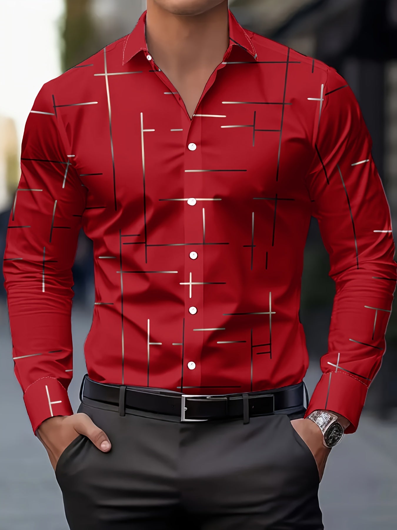 Men's Long-Sleeve Shirt, Geometric Print, Button-Up