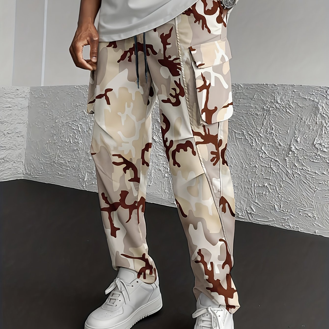 Men's Camo Cargo Pants, Flap Pockets, Drawstring Waist