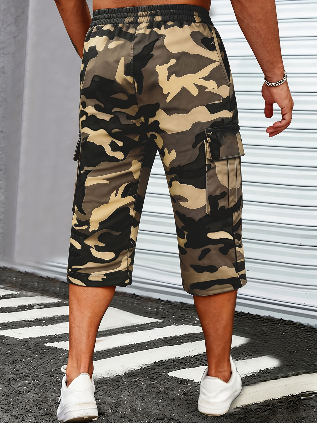 Men's Camo Cargo Capri Shorts, Multi-Pocket, Adjustable Waist