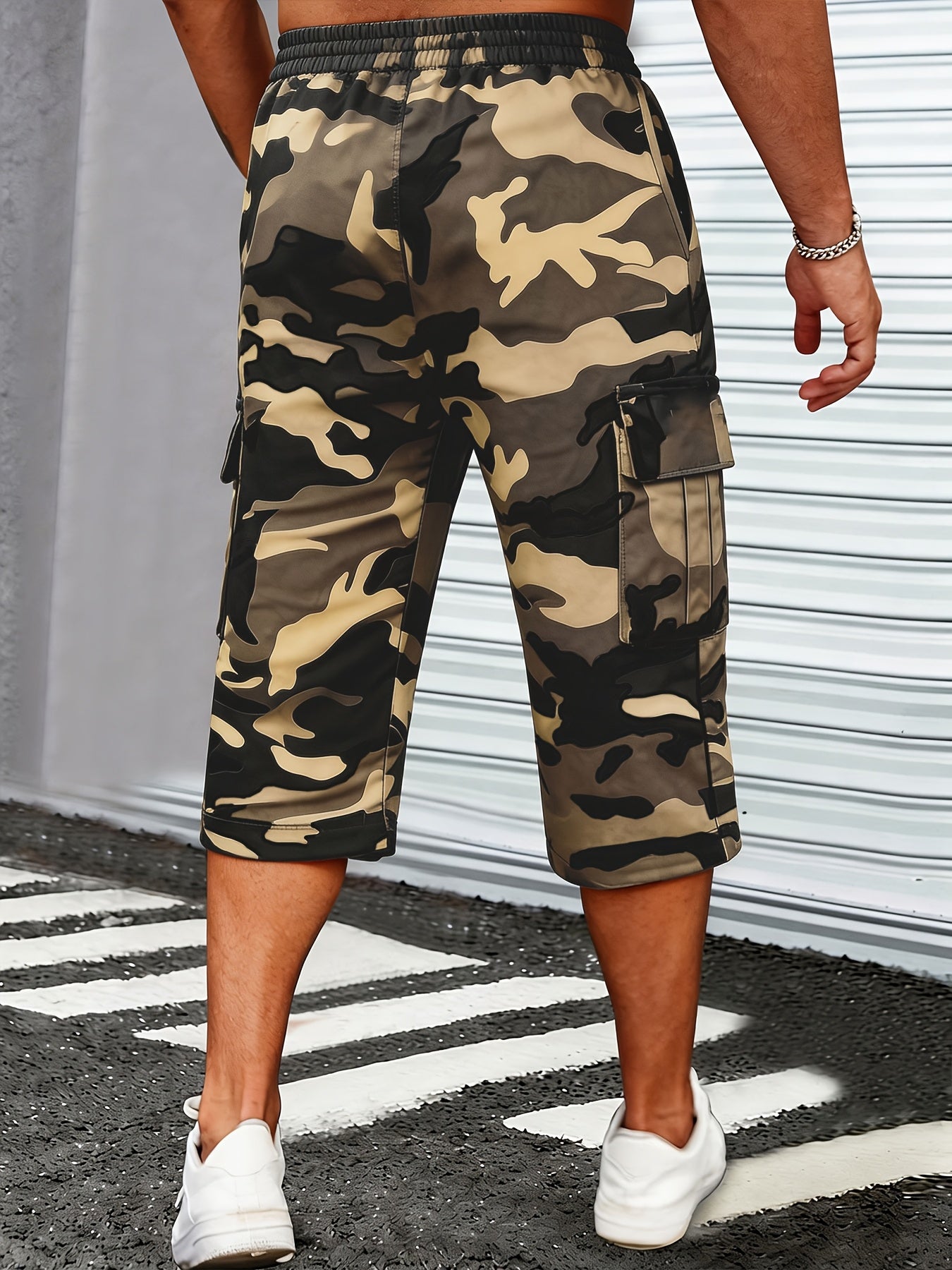 Men's Camo Cargo Capri Shorts, Multi-Pocket, Adjustable Waist